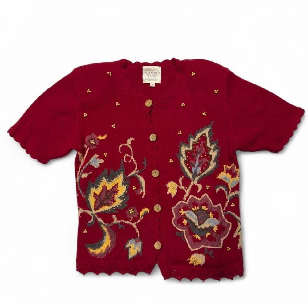 Susan Bristol Cardigan Sweater Size P Red Floral Beaded